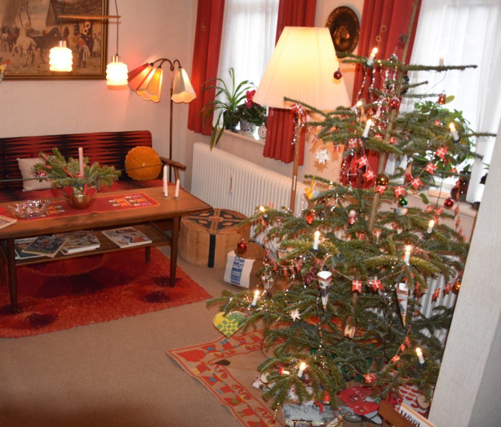 1970s apartment at Den Gamle By open-air museum in Aarhus, Denmark at Christmastime
