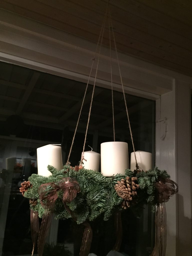 Hanging Adventskrans (or advent wrreath) with 4 candles