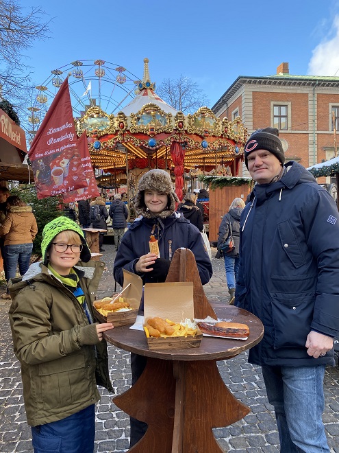 Eating at the Aalborg Christmas Market in Denmark and the Carousel